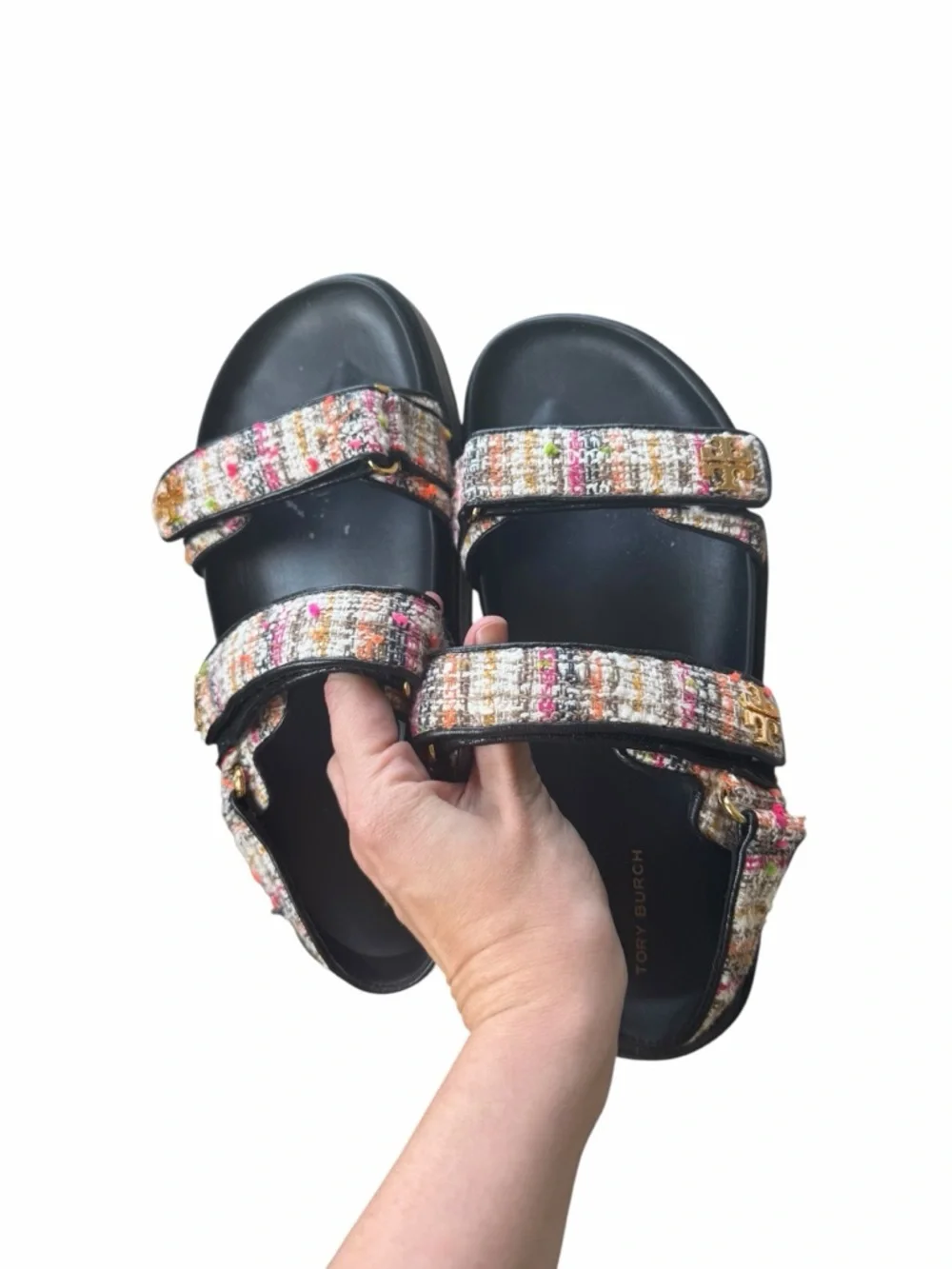 Tory Burch Multicolor Tweed and Leather logo Kira Sport Sandals 9.5 Black multi